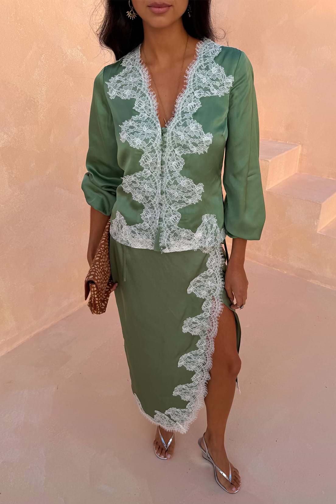 Green Lace Wrap Midi Skirt