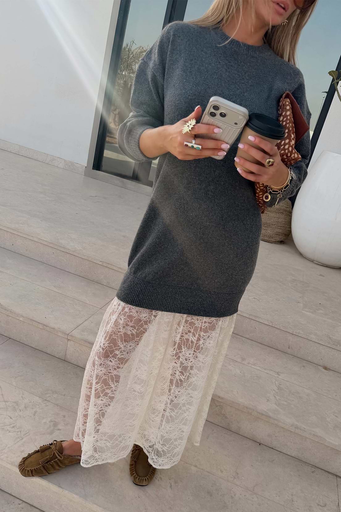 Grey Knit Jumper Dress with Sheer Lace Skirt