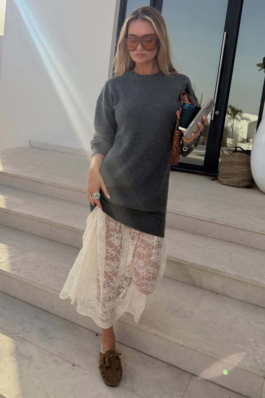 Grey Knit Jumper Dress with Sheer Lace Skirt