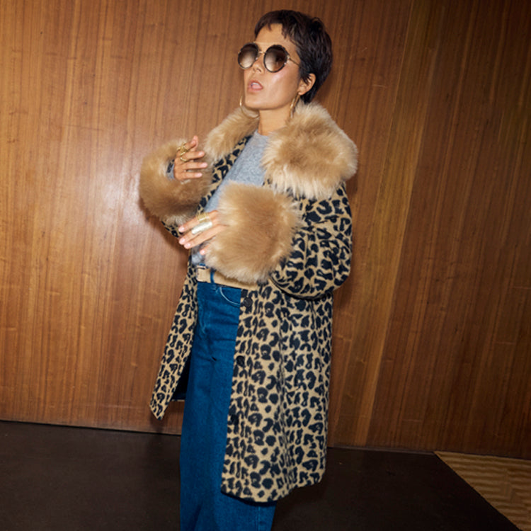 Leopard Coat with Faux Fur Trims