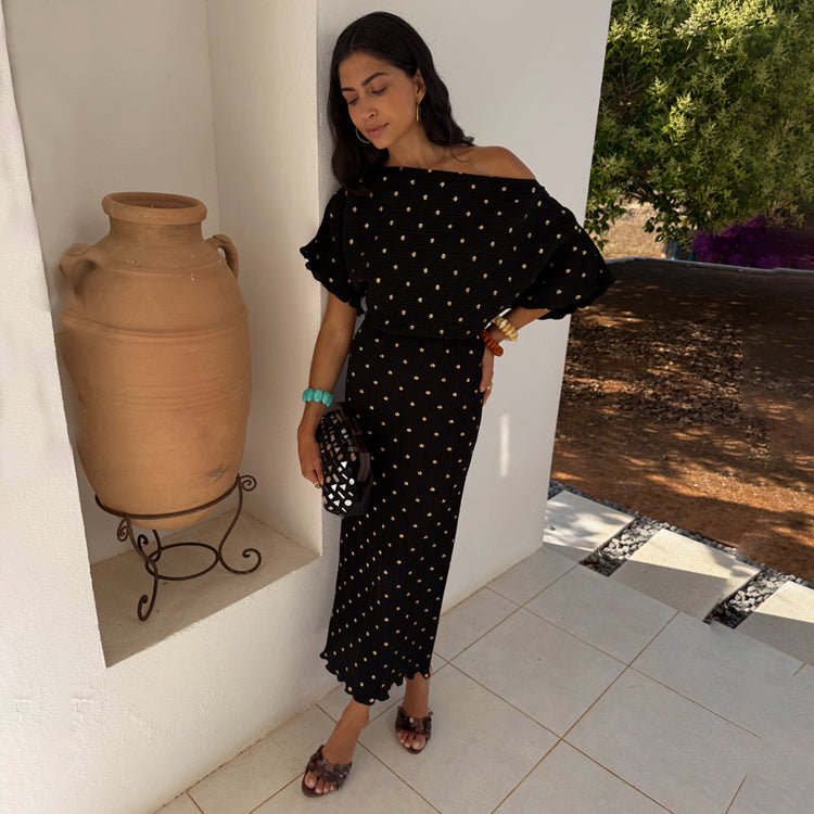 Black Tilly Plisse Dress with Gold Fleck