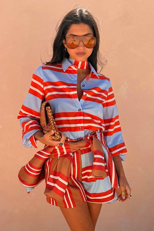 Bright red and sky blue striped shirt.