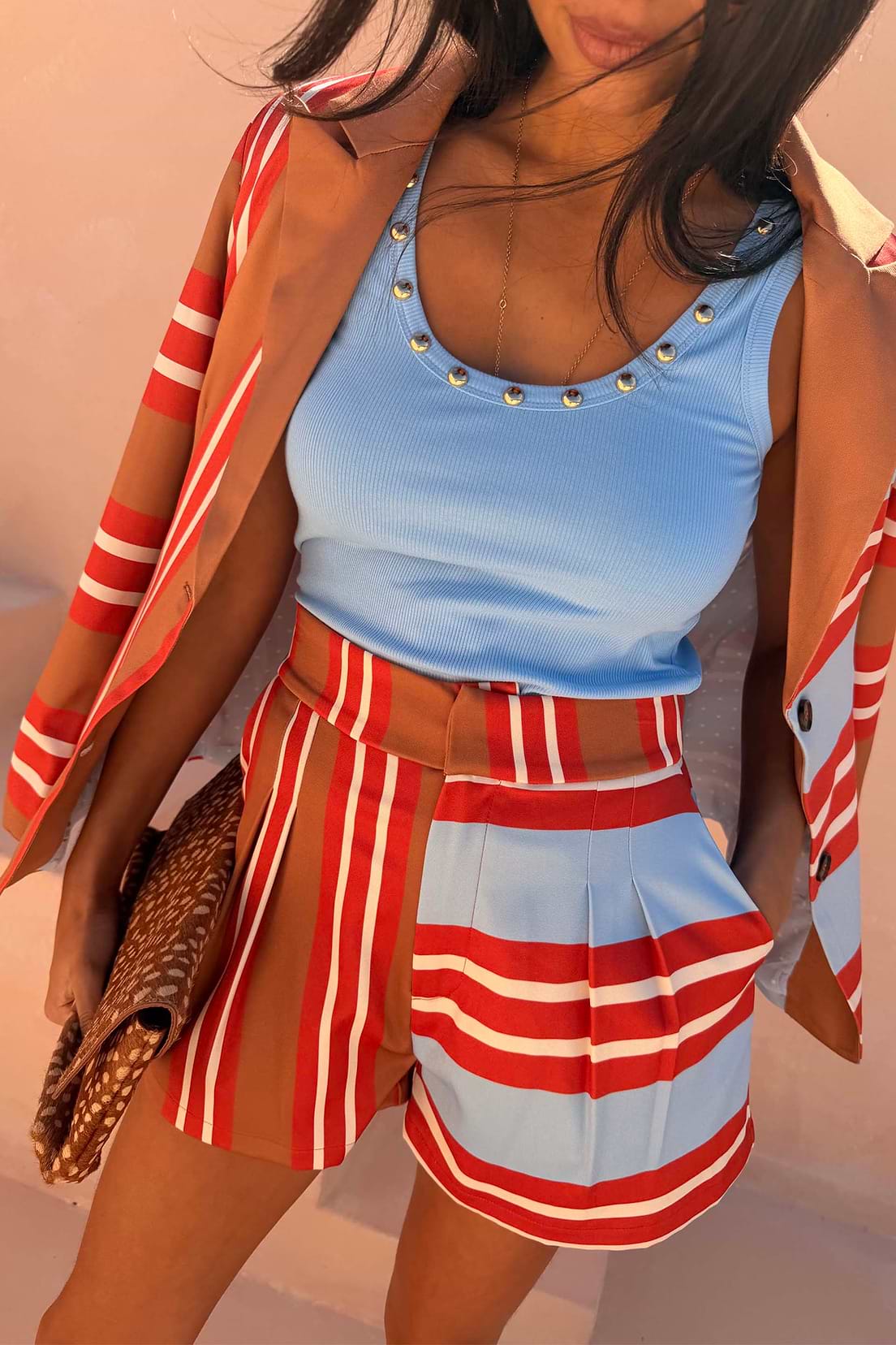 Blue, red, and camel striped tailored shorts.