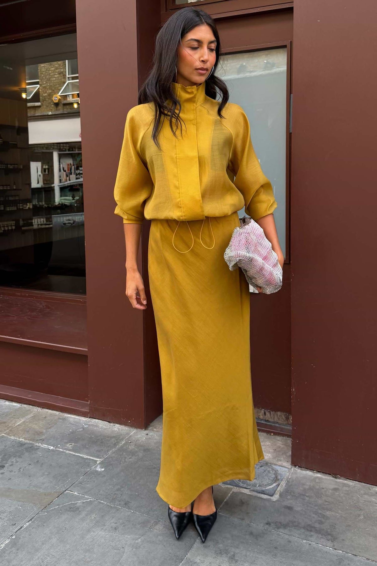 Golden chartreuse midi skirt.