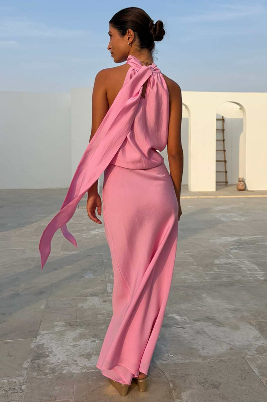 Pink satin maxi skirt.