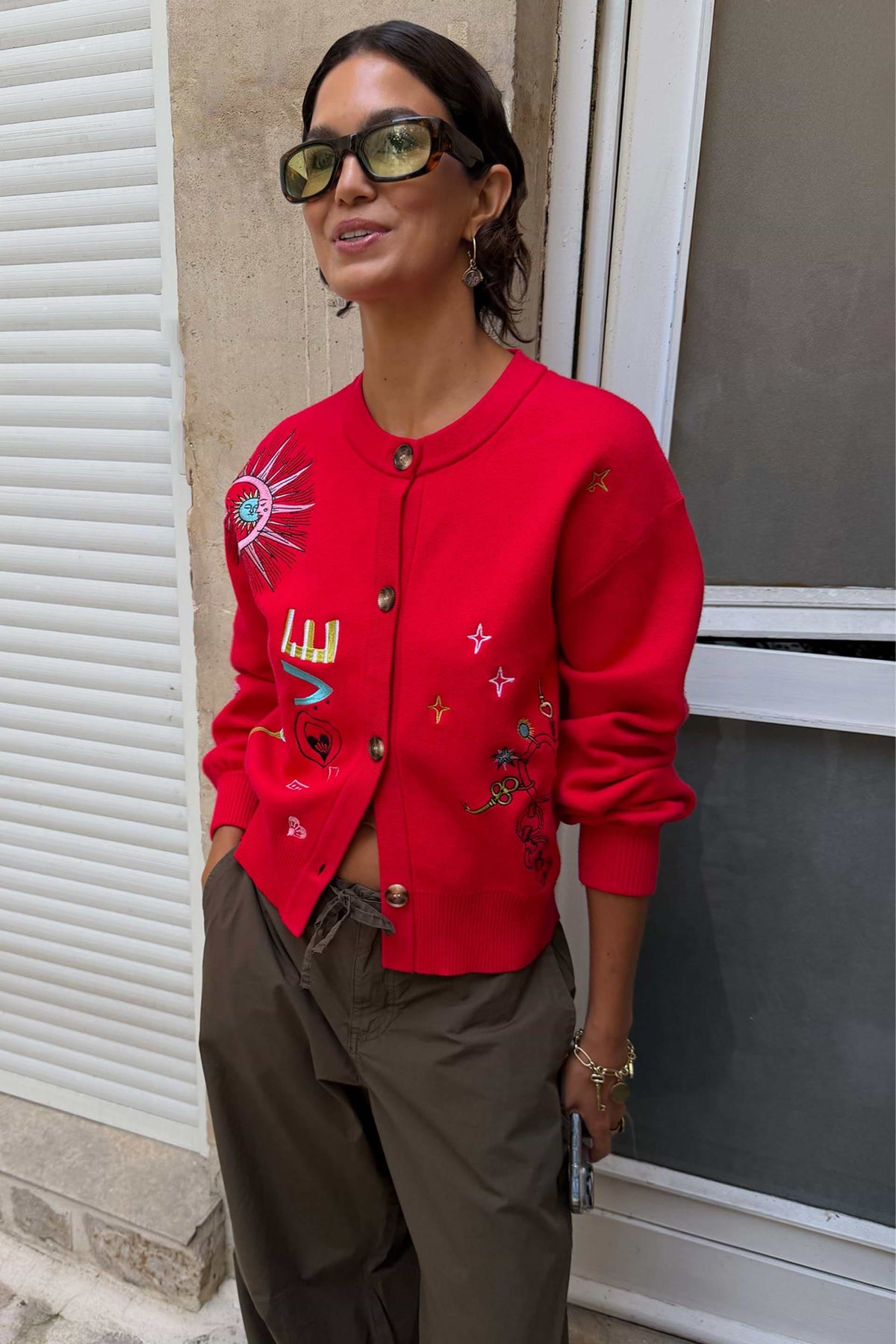 Bright red embroidered round neck cardigan.