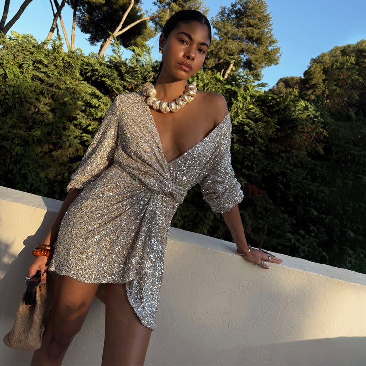 Silver Sequin Mini Vienna Wrap Dress