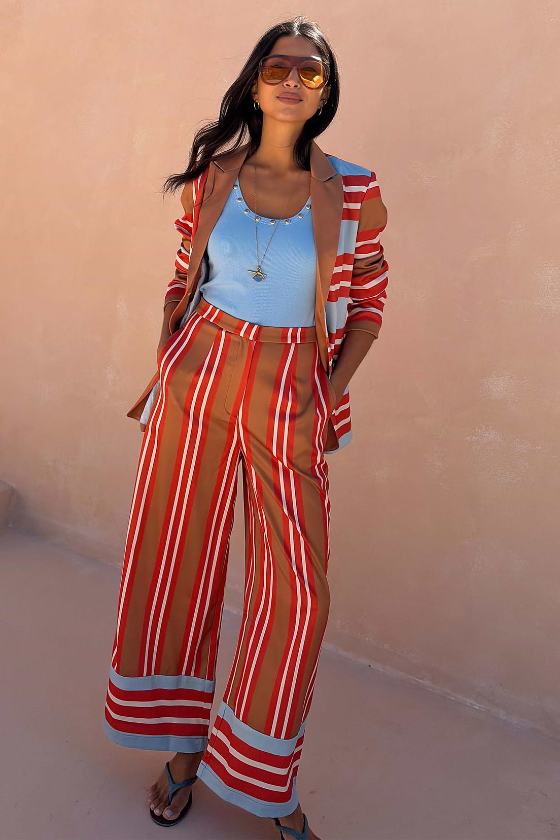 Camel and red striped wide leg trousers.