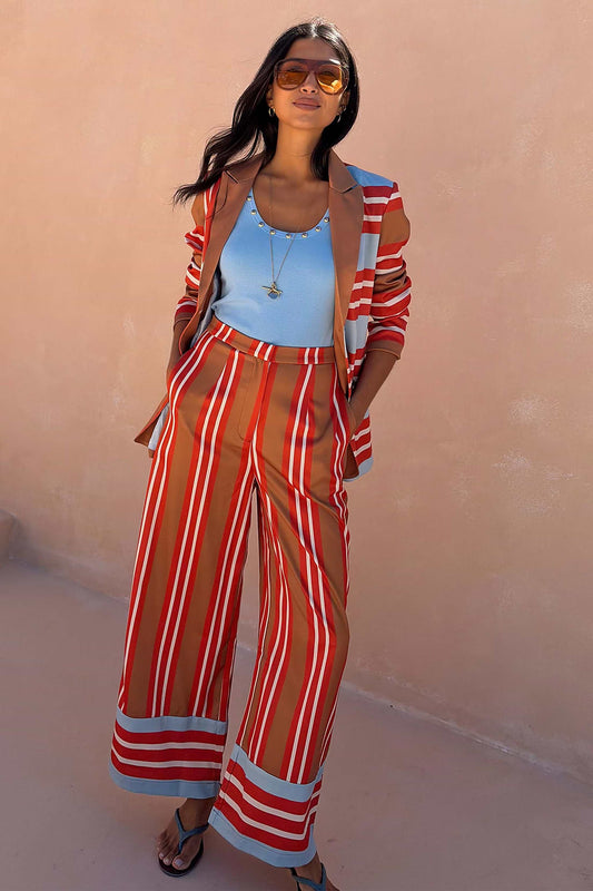 Camel and red striped wide leg trousers.