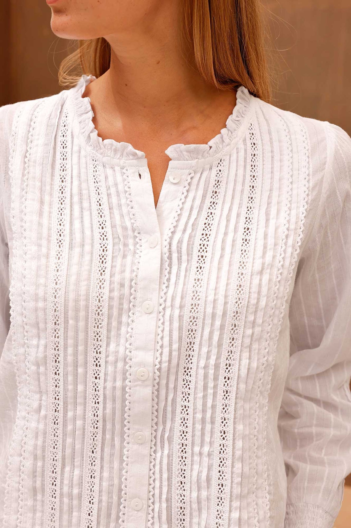 Vienna Long Sleeve Cotton Blouse - Lace Detailing - White
