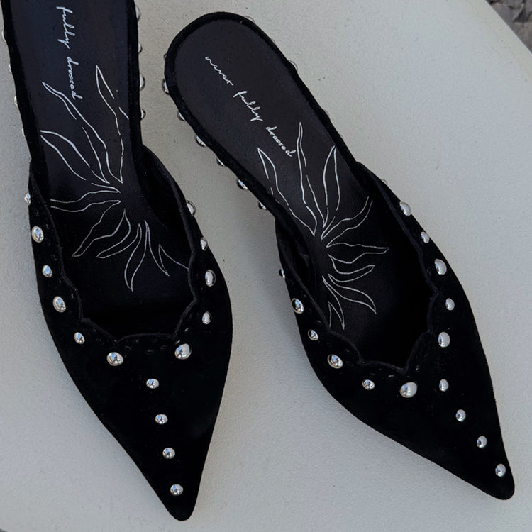 Black Suede Mules with Silver Studs
