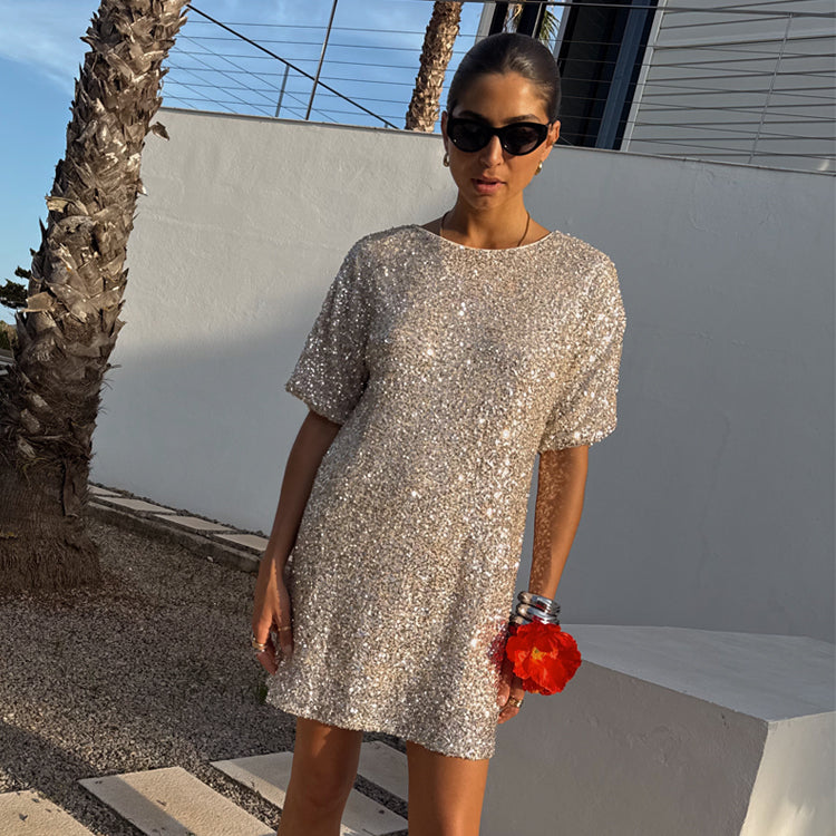 Silver Sequin T Shirt Dress