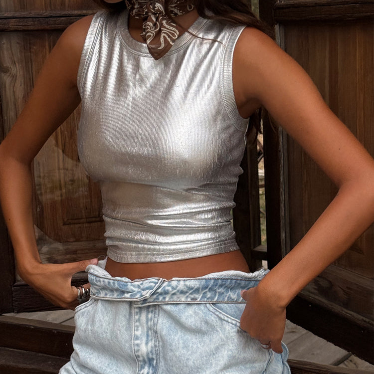 Silver Ribbed Tank Top