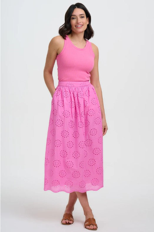 Pink broderie anglaise midi skirt.