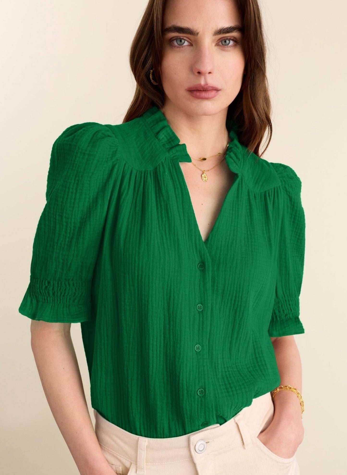 Bright emerald green organic cotton cheesecloth blouse.