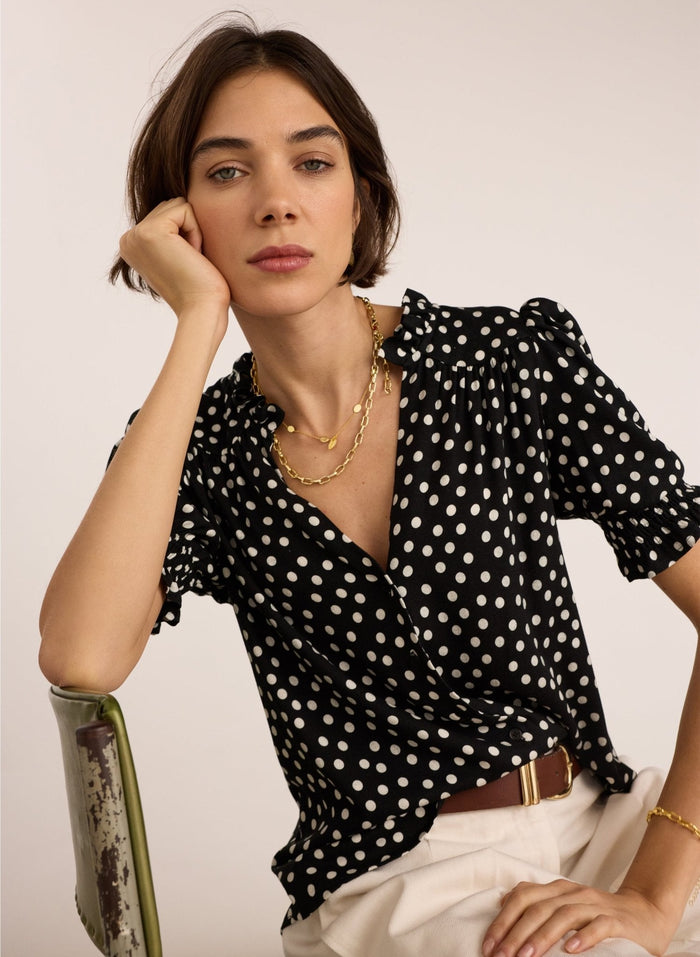Black and white polka dot short sleeved blouse.