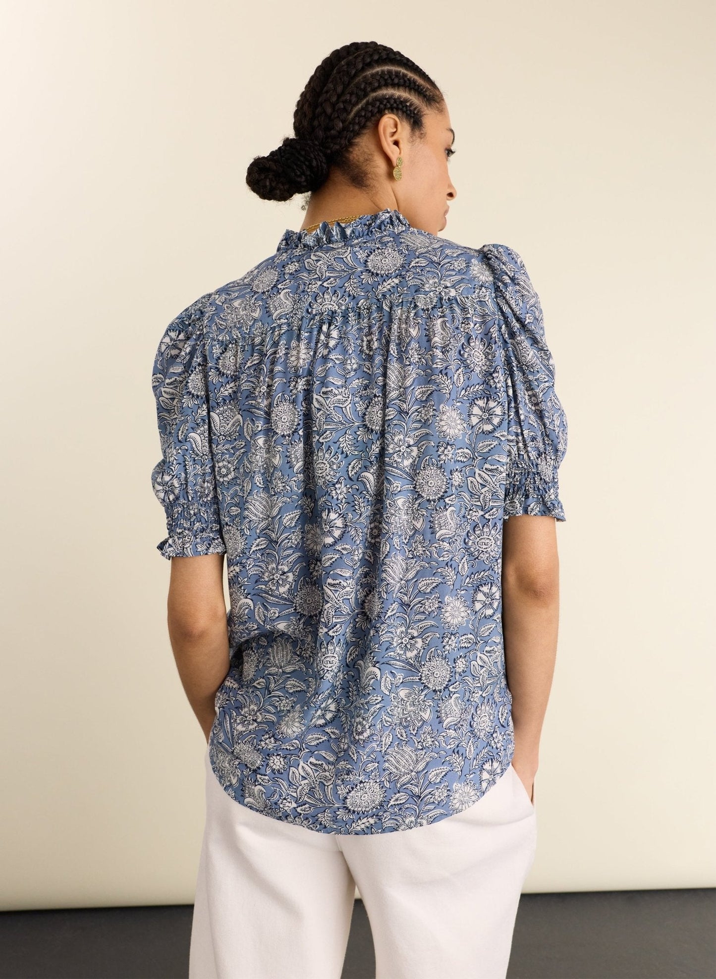 Nolan Printed Blouse - Denim Woodblock Print
