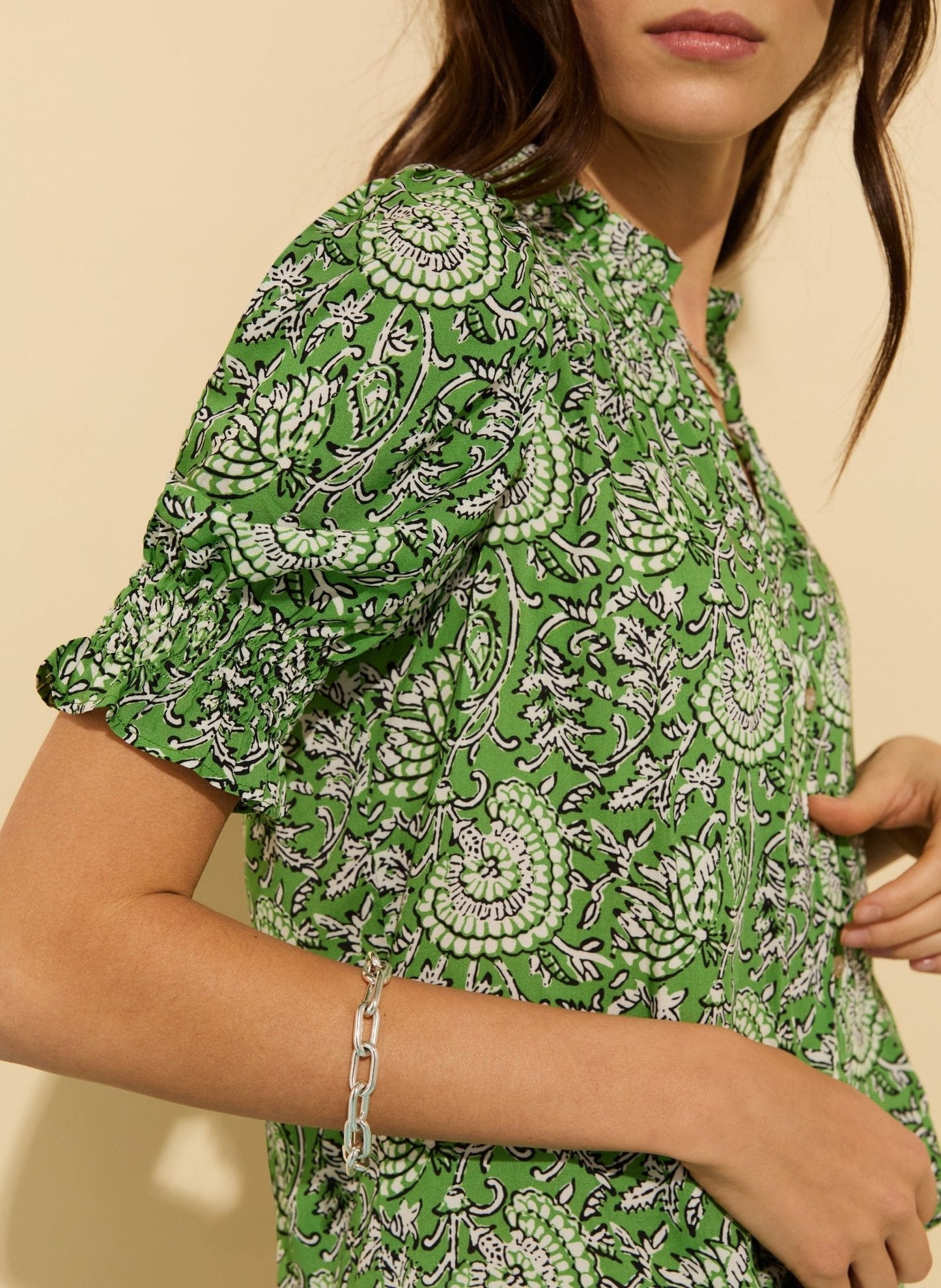 Nolan Printed Blouse / Green Woodblock Floral