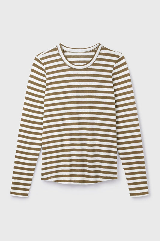 Long Sleeve Striped Linen T-shirt Olive