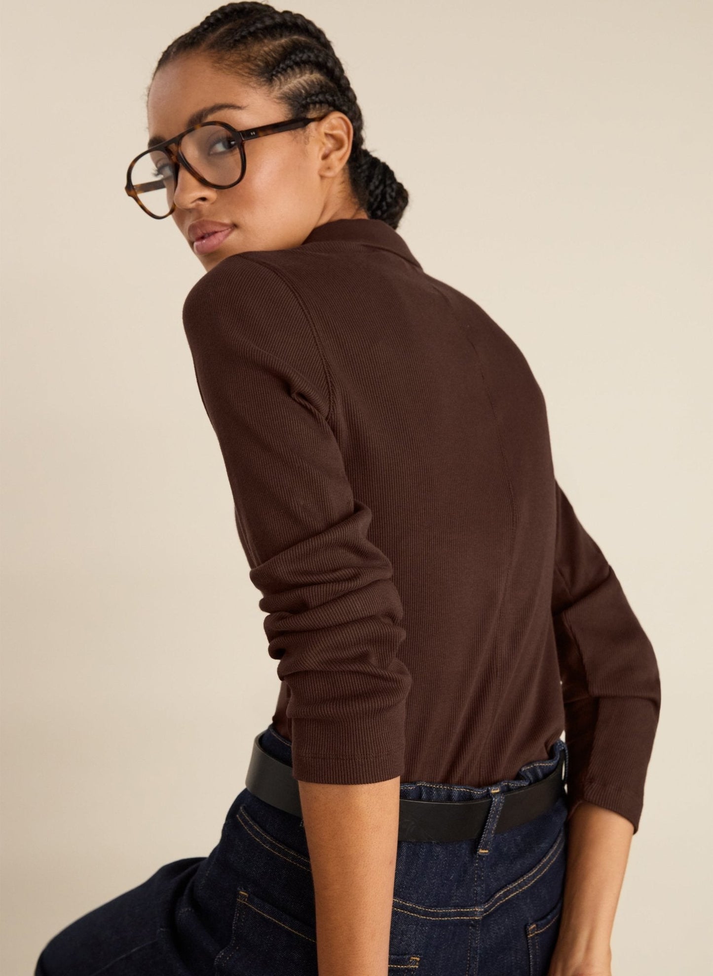 Organic Cotton Zip Collar Top / Dark Chocolate