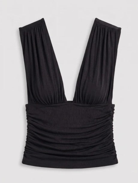 Orla Low V-Neck Ruche-Side Top in Black