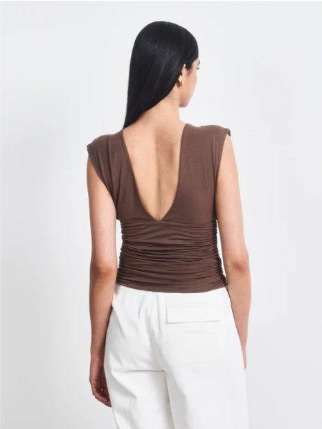 Orla Low V-Neck Ruche-Side Top in Mocha