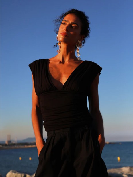 Black ruched v-neck top in MicroModal.