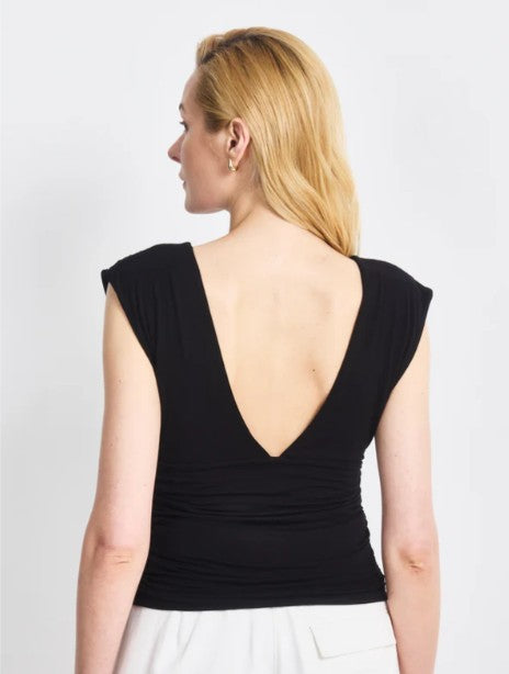 Orla Low V-Neck Ruche-Side Top in Black