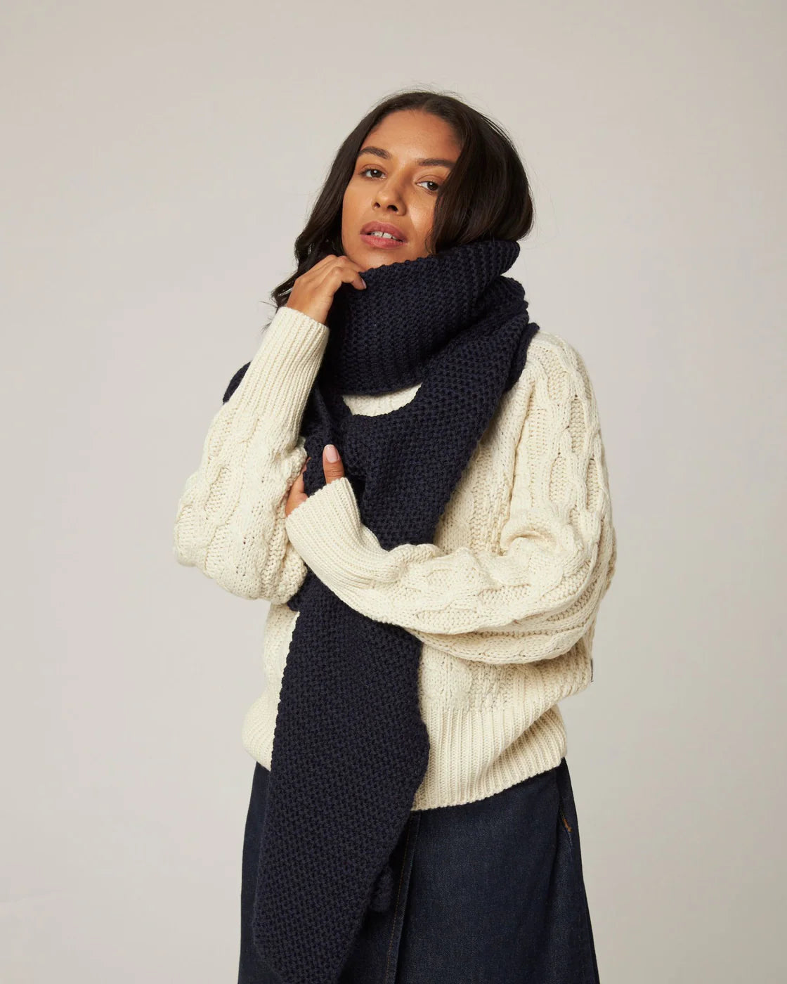 Extra long merino wool chunky knit scarf in dark navy, made by Peregrine Clothing and filtered by Shop My Palette for the Dark Winter or Deep Winter colour season.