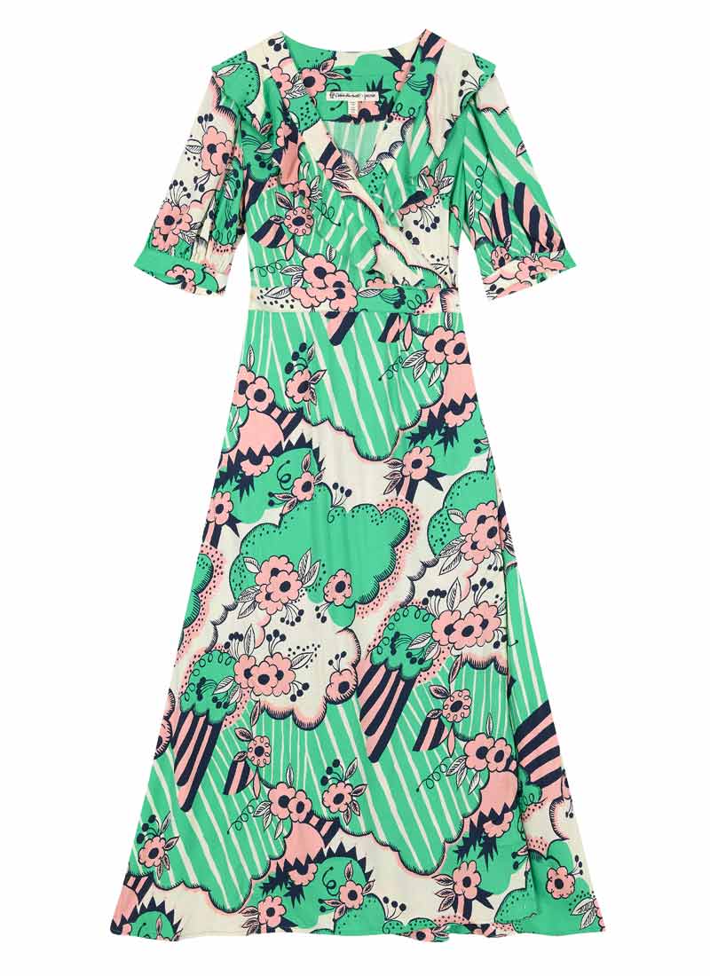 Celia Birtwell X Joanie - Peachy Pie Ruffle Collar Wrap Dress (Green)