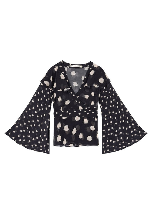 Celia Birtwell X Joanie- Petite Daisy Flared Sleeve Ruffle Neck Wrap Blouse (Black)
