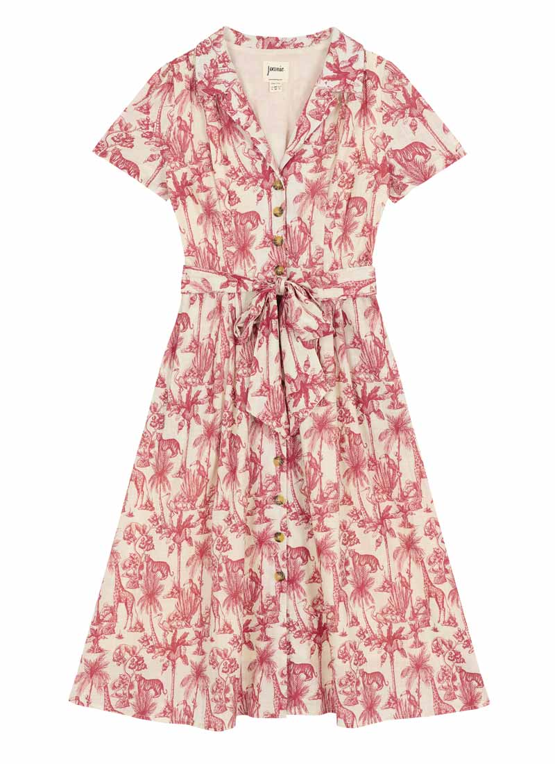 Phillipa Jungle Toile Print Midi Tea Dress - Sustainable Organic Cotton (Cream)