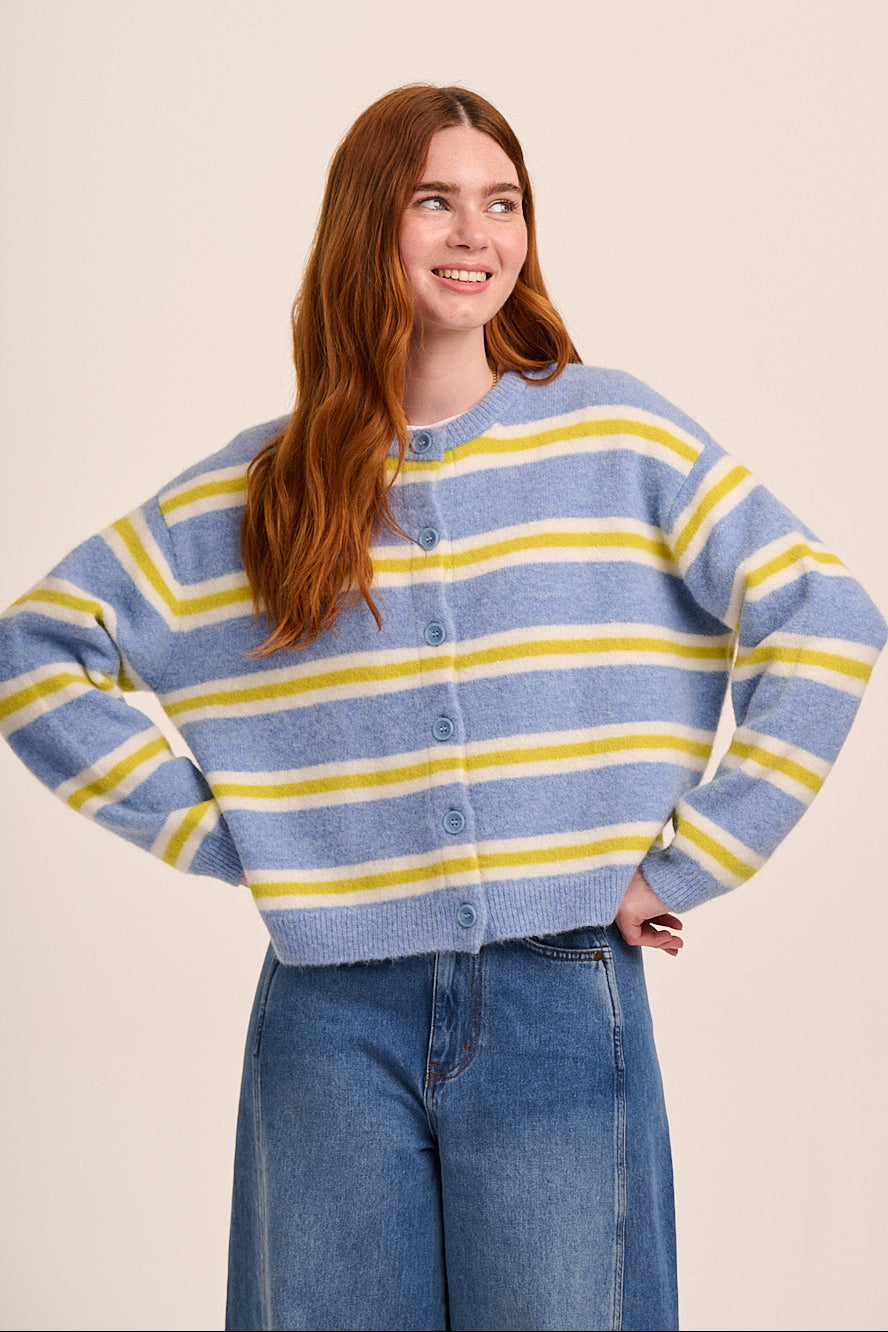 Light blue knitted cardigan with yellow and white horizontal stripes, button front, long sleeves, and soft textured finish.