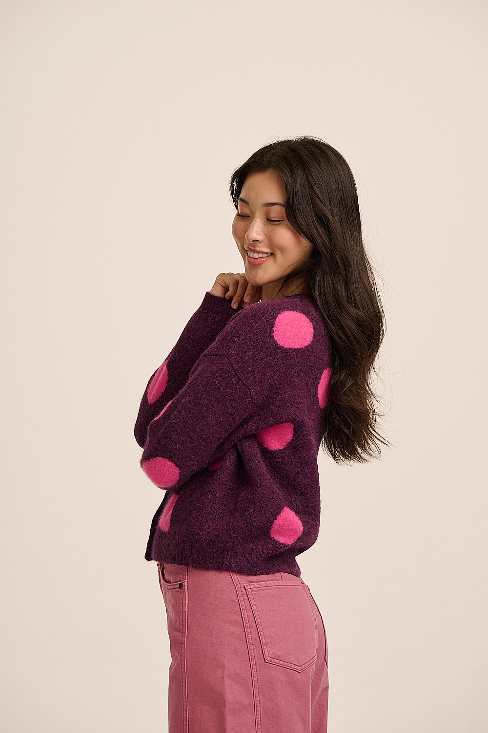 Pip Alpaca Polka Dot Cardigan - Grape and Carmine
