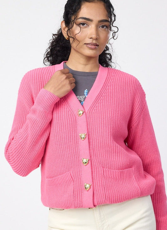 Piper Leopard Button Chunky Knitted Cardigan - Sustainable Organic Cotton (Pink)