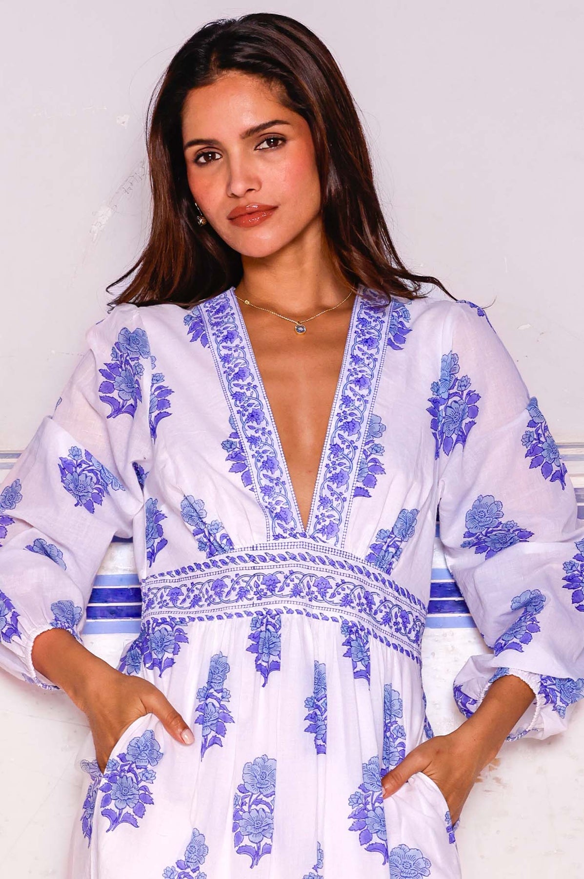 Pippa Long Sleeve Block Print Cotton Summer Dress - Floral Printed Blue/White