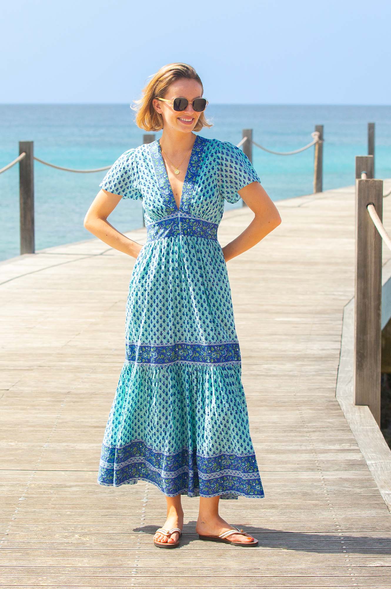 Turquoise and blue patterned summer dress.