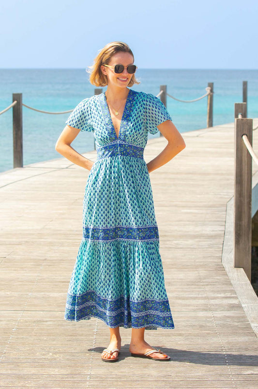 Turquoise and blue patterned summer dress.