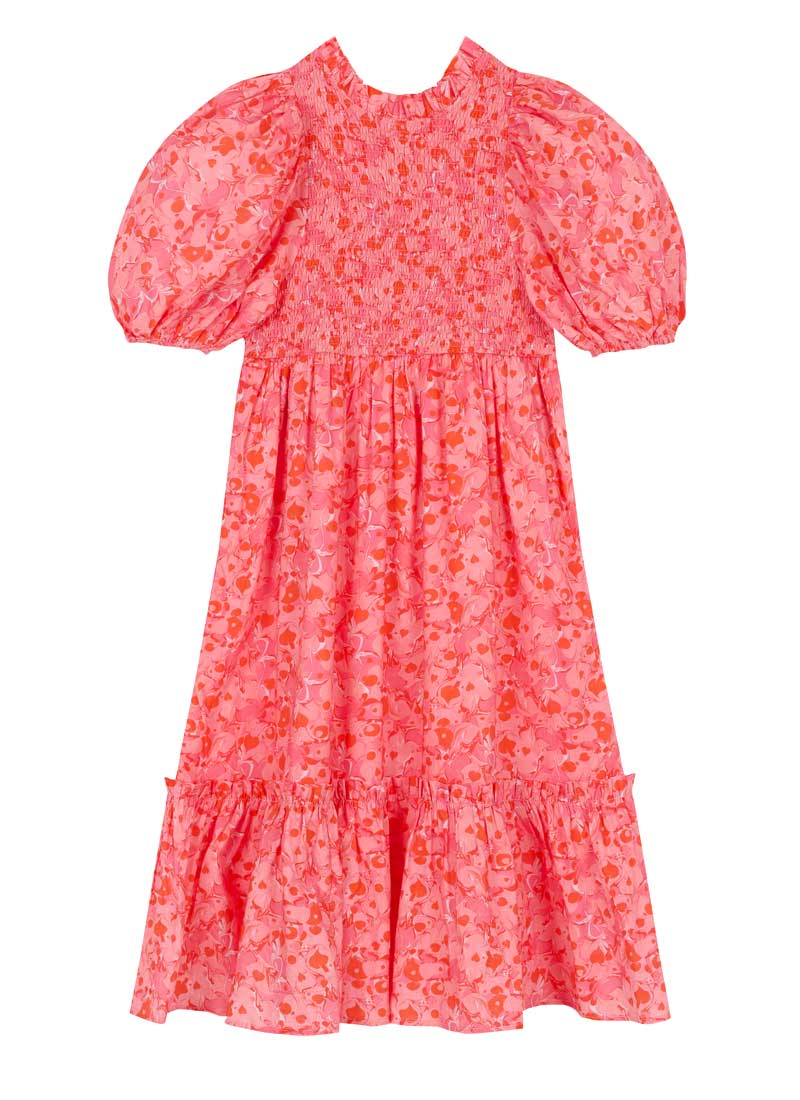 Zeena X Joanie - Priya Pink Heart Marble Print PuffSleeve Midi Dress - Sustainable Organic Cotton (Pink)