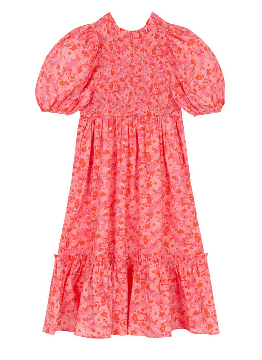 Zeena X Joanie - Priya Pink Heart Marble Print PuffSleeve Midi Dress - Sustainable Organic Cotton (Pink)