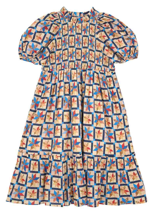 Priya Patchwork Print Puff Sleeve Midi Dress - Yellow