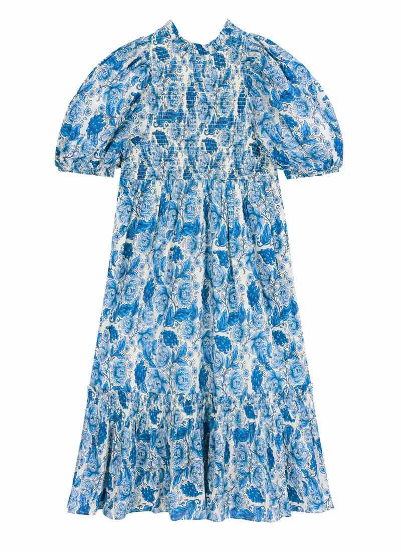 Priya Blue Floral Print PuffSleeve Midi Dress- Sustainable Organic Cotton (Blue)