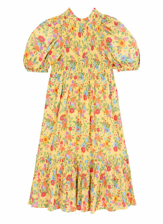 Priya Wildflower Print Puff Sleeve Midi Dress- Sustainable Organic Cotton (Yellow)