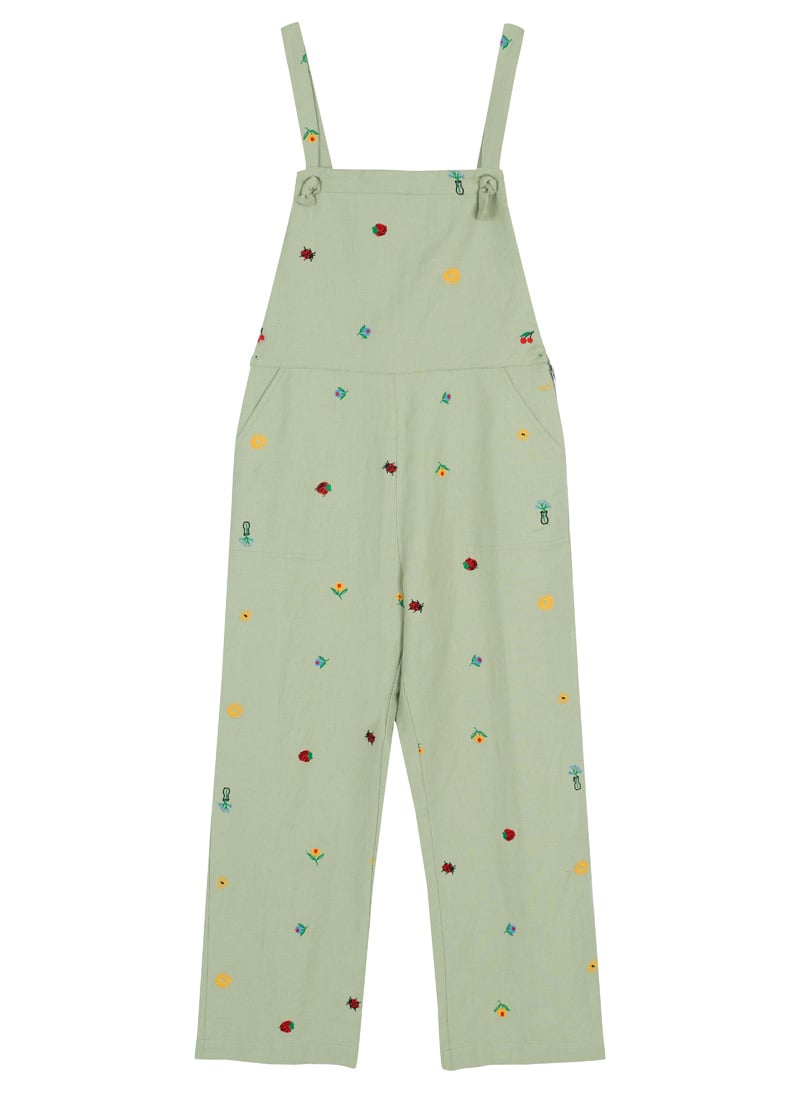Rachel Embroidered Tie Strap Dungarees - Sage
