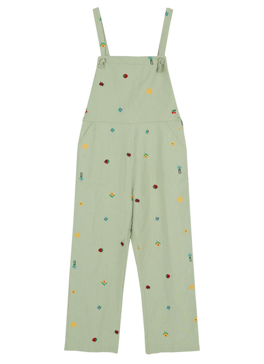 Rachel Embroidered Tie Strap Dungarees - Sage