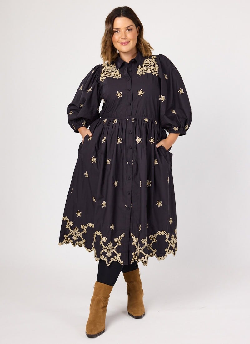 Rachida Embroidered Western Shirt Dress - Black