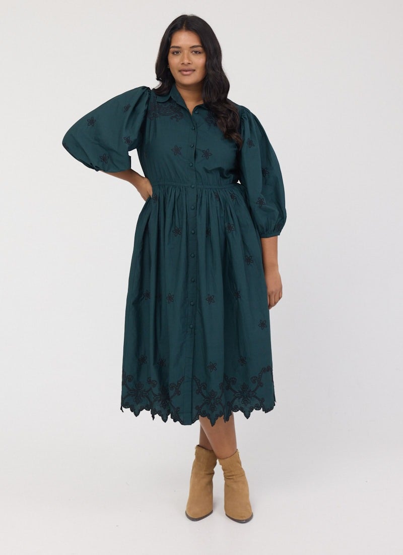 Rachida Embroidered Western Shirt Dress - Green