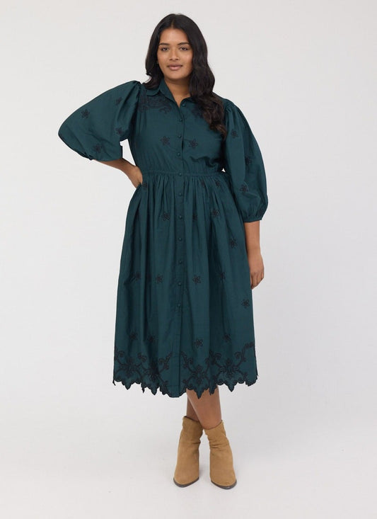 Rachida Embroidered Western Shirt Dress - Green