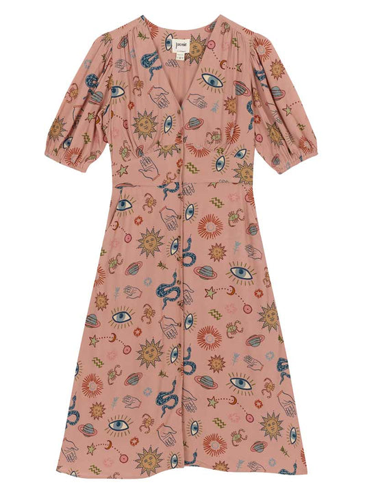 Rebecca Mystical Print Puff Sleeve Midi Dress (Pink)