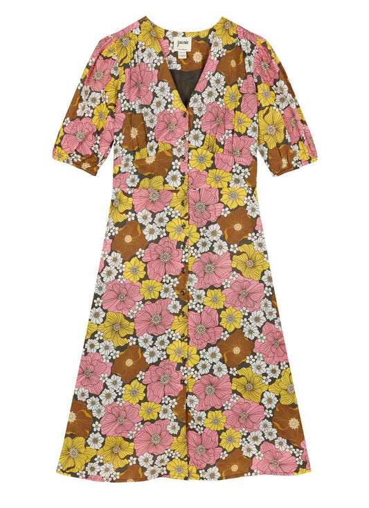 Zeena X Joanie - Rebecca Wallpaper Floral PrintPuff Sleeve Midi Dress - Sustainable Organic Cotton (Yellow)